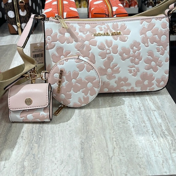 Michael Kors Jet Set Sm Sequined Floral Print Crossbody w Case for Apple AirPod - Picture 9 of 16
